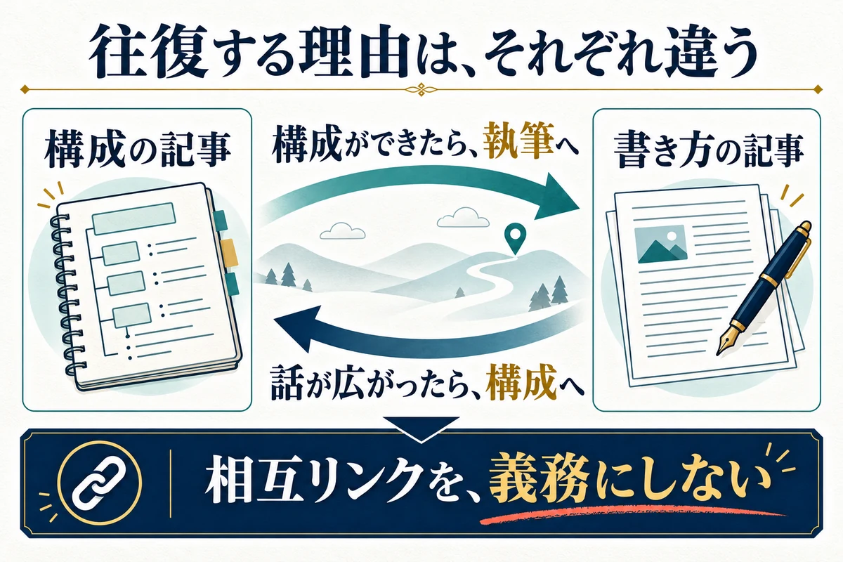 同じ二記事でも、行きと帰りでは案内する理由が違います。