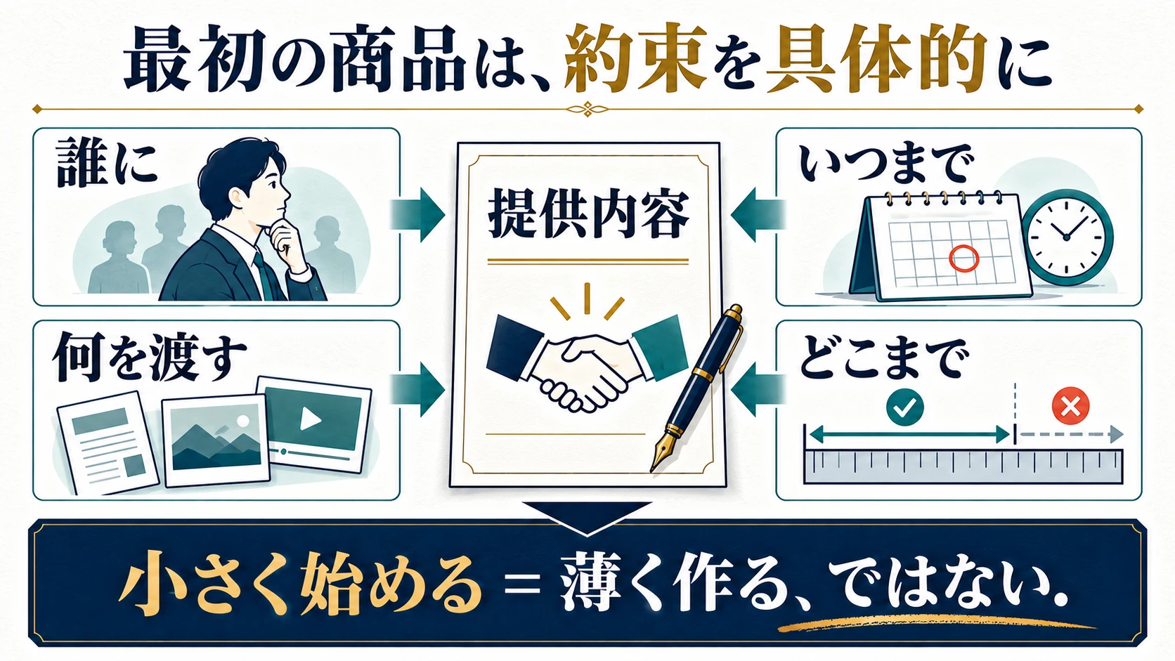 誰に、何を渡すか、いつまでか、どこまで対応するかを一つの提供内容へまとめる図