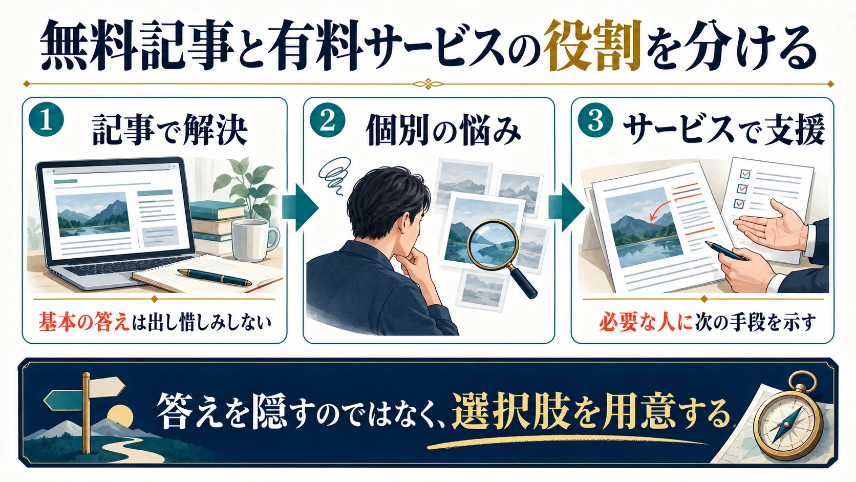 無料記事で基本を解決し、残った個別の悩みにサービスで応える流れ
