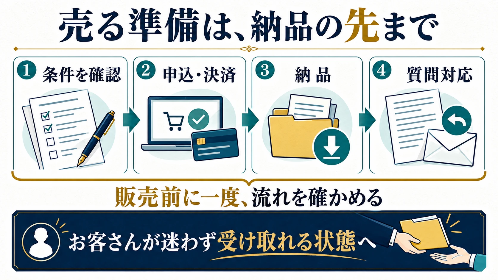条件確認、申し込みと決済、納品、質問対応までを販売前に確かめる手順