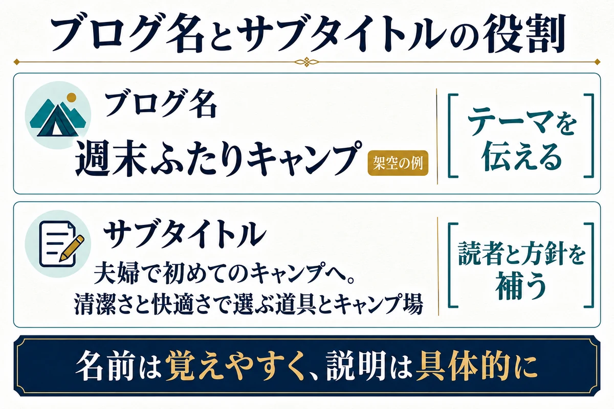 架空のブログ名「週末ふたりキャンプ」と、読者や選ぶ基準を補うサブタイトルの組み合わせ