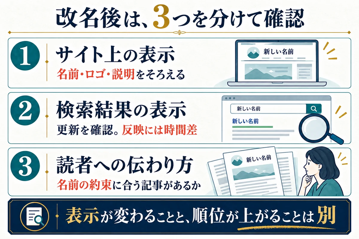 改名後にサイト上の表示、検索結果の表示、読者への伝わり方を分けて確認する図
