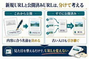 新規記事の命名と、公開済み記事のURL変更では、確認することが違います。