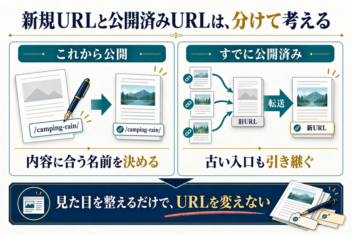 新規記事の命名と、公開済み記事のURL変更では、確認することが違います。