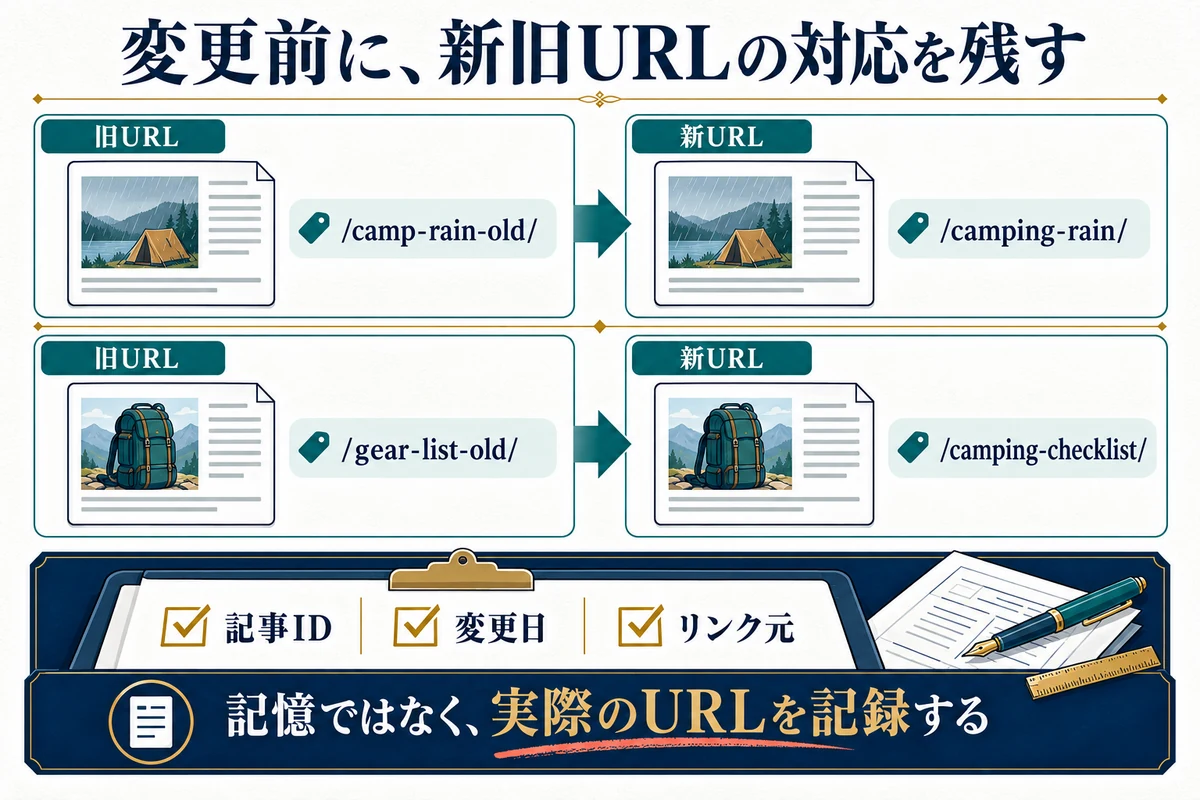 変更する前に、同じ記事の旧URLと新URLを1対1で対応させます。