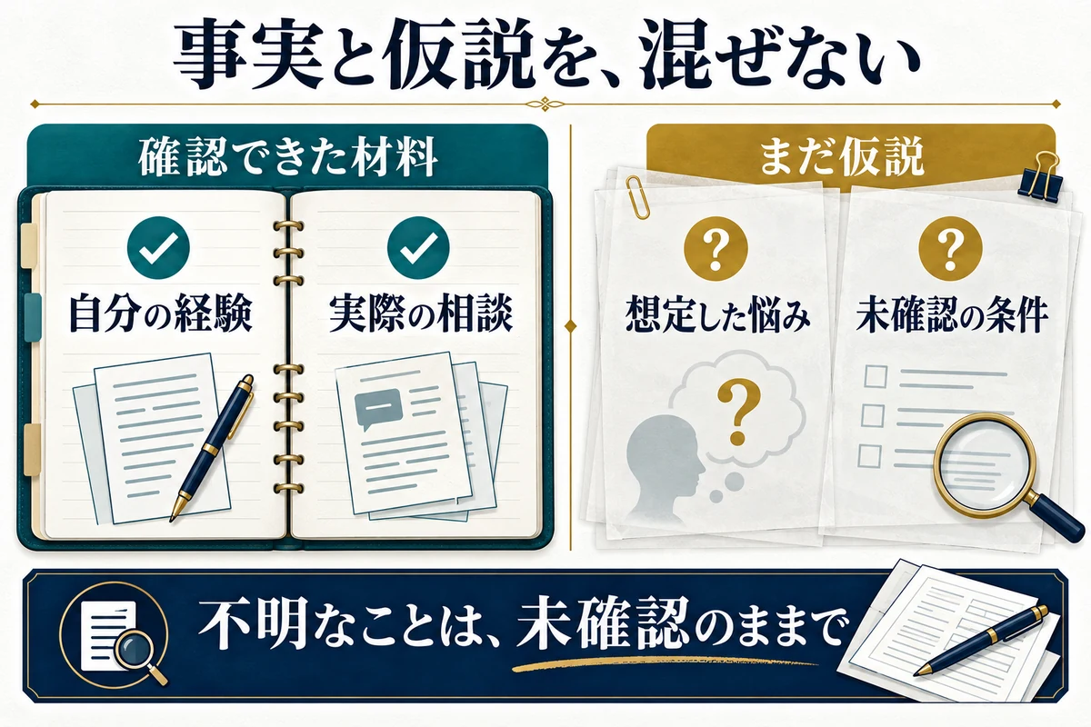 確認できた材料と仮説を分け、不明な情報を事実として埋めないようにします。