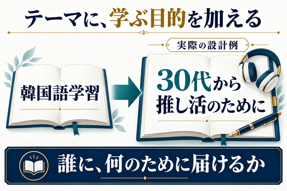 韓国語学習という広いテーマを、年代の切り口と学ぶ目的で具体化した実例です。