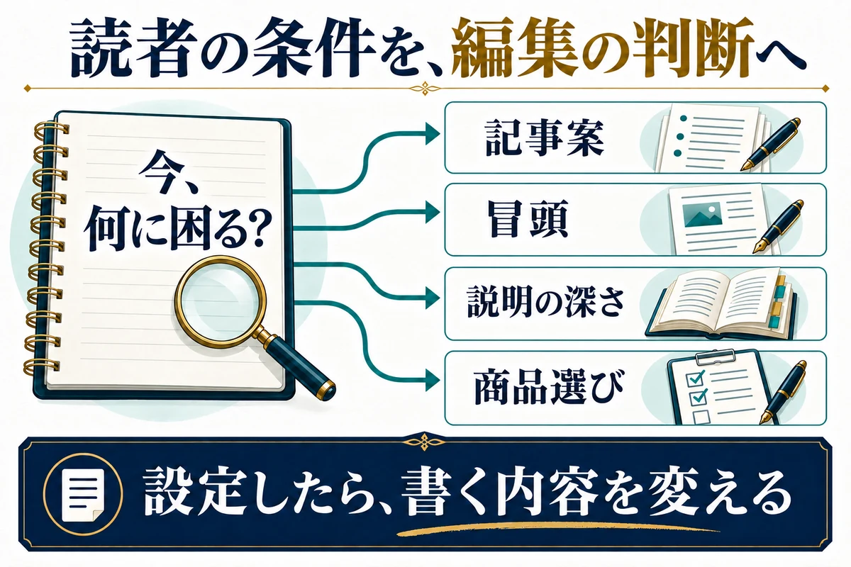 読者の条件を、記事案・冒頭・説明の深さ・商品の判断へつなげます。