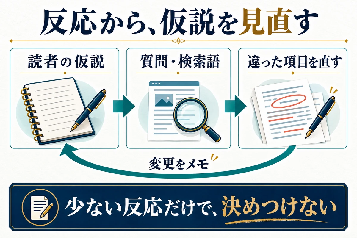 反応が違ったときは、読者像を丸ごと変える前に、根拠と変更点を確認します。