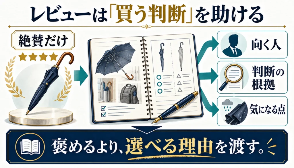 商品の絶賛だけで終わらず、向く人・判断の根拠・気になる点を伝えるレビューの図解