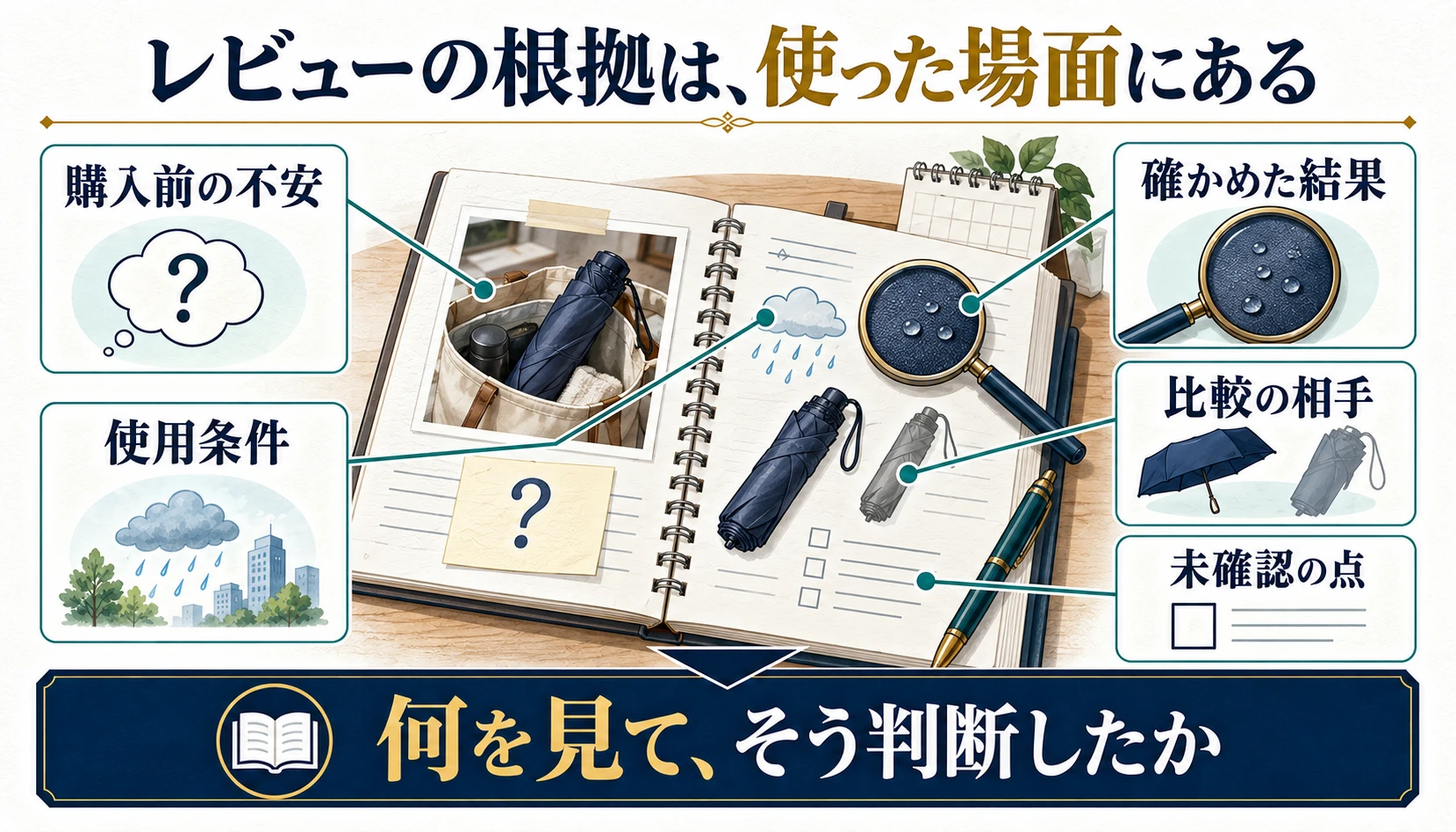 購入前の不安・使用条件・結果・比較相手・未確認事項を検証ノートに集める図解