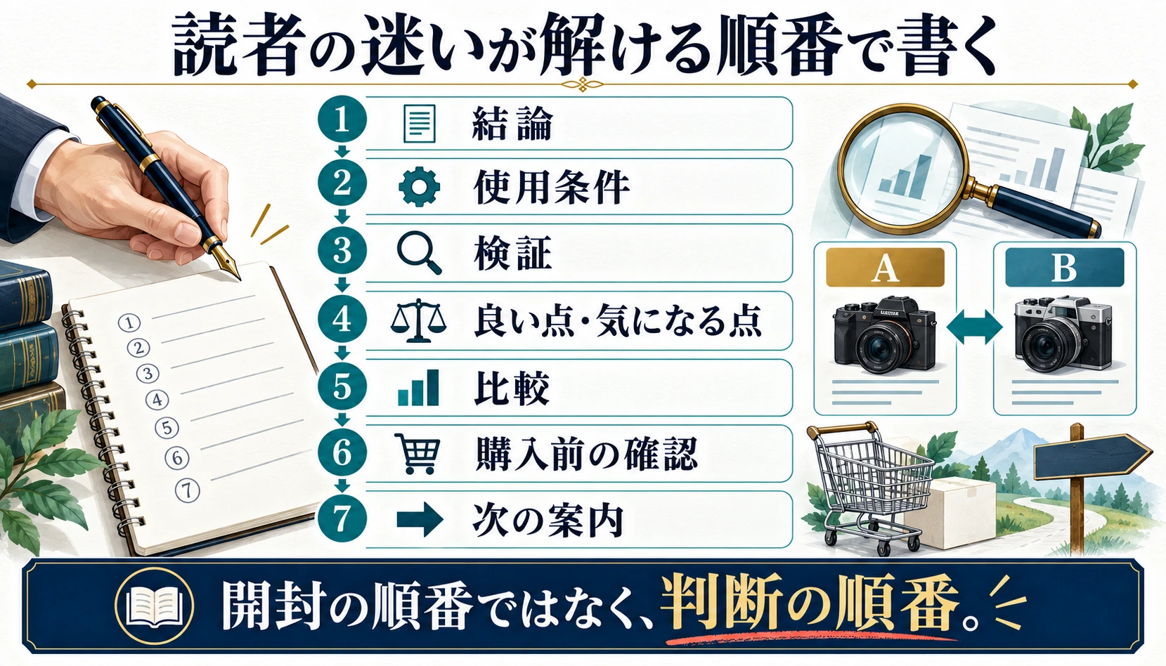 結論・使用条件・検証・評価・比較・購入前の確認・次の案内というレビュー記事の順序