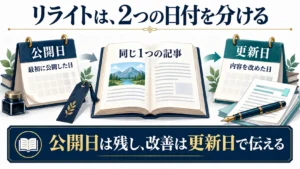 同じ記事の公開日と更新日の役割を、本と2つのカレンダーで分けた図