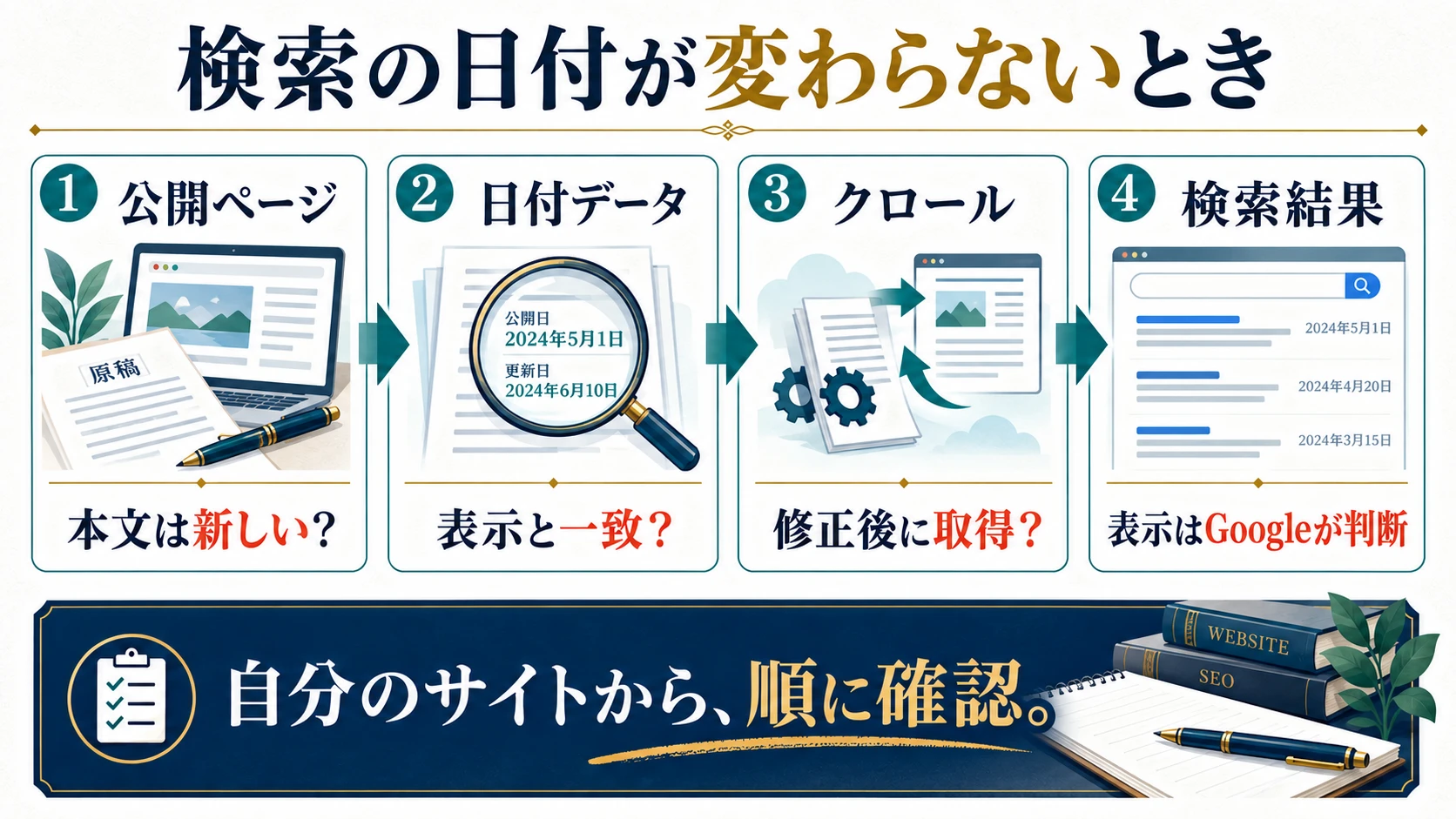 公開ページ、日付データ、クロール、検索結果の順で確認する図