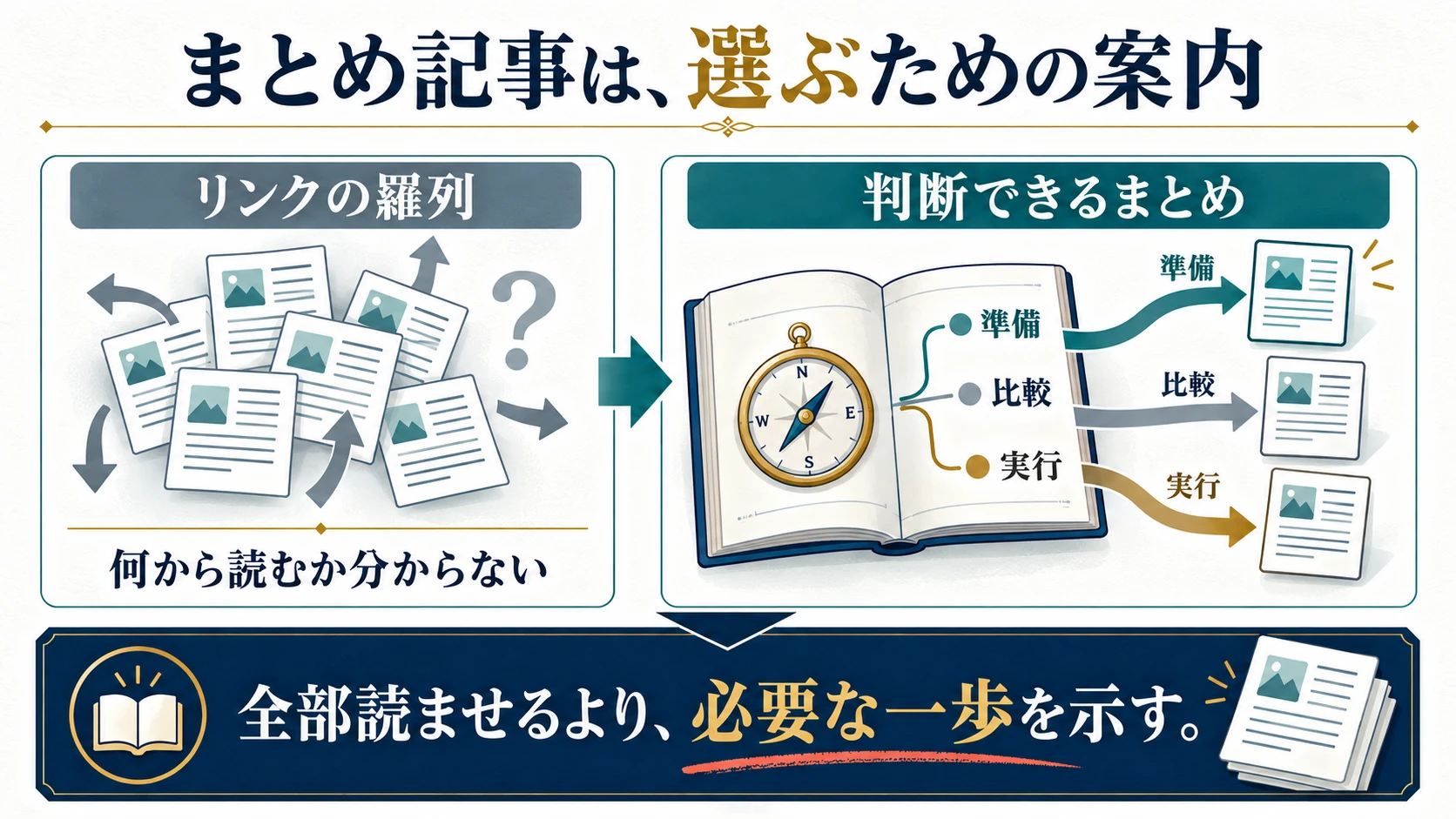 リンクの羅列ではなく、読者が準備・比較・実行から必要な記事を選べるまとめ記事にする図解
