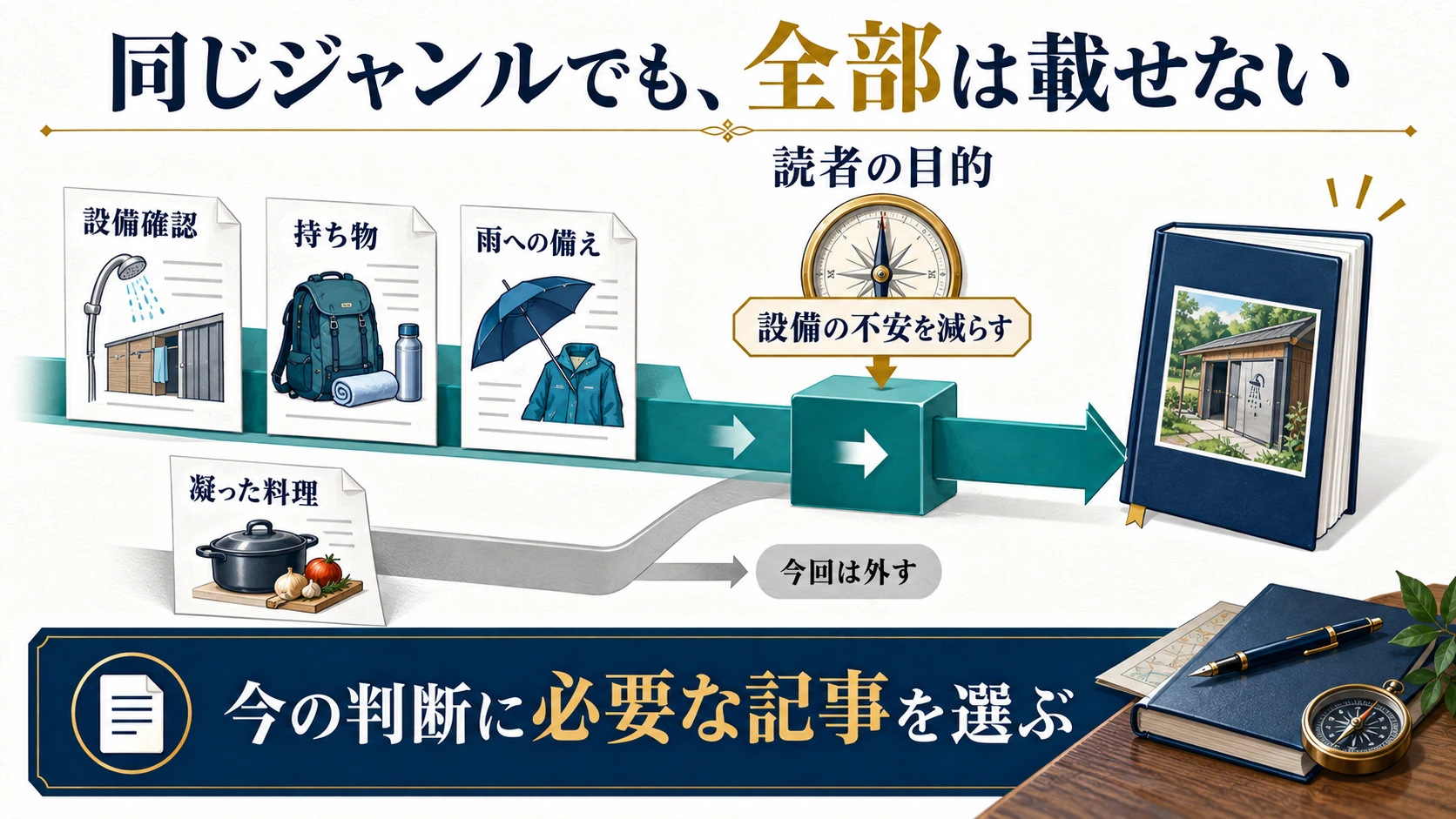 設備の不安を減らす目的に合わせて設備確認・持ち物・雨への備えを選び、凝った料理の記事は今回は外す図解