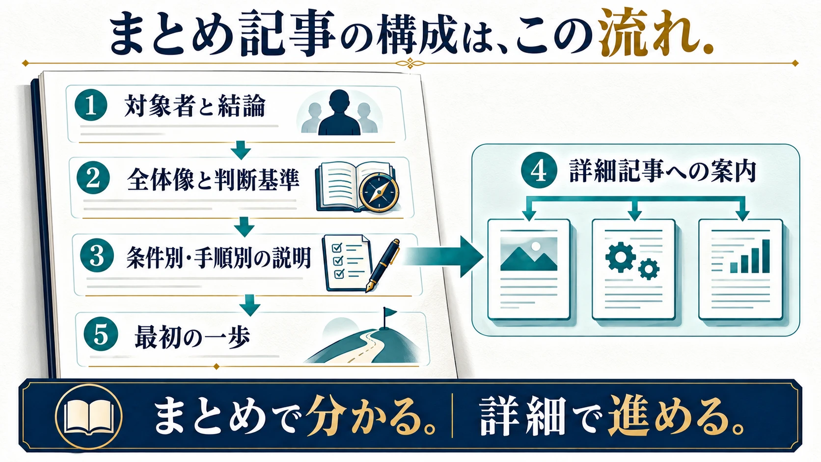 対象者と結論、全体像と判断基準、条件別・手順別の説明、詳細記事への案内、最初の一歩というまとめ記事の構成