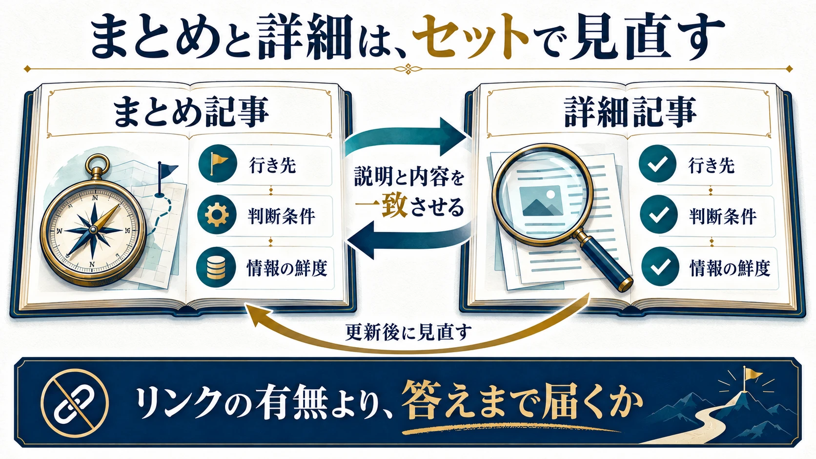 まとめ記事と詳細記事の行き先・判断条件・情報の鮮度を照合し、更新後にも説明と内容を一致させる図解