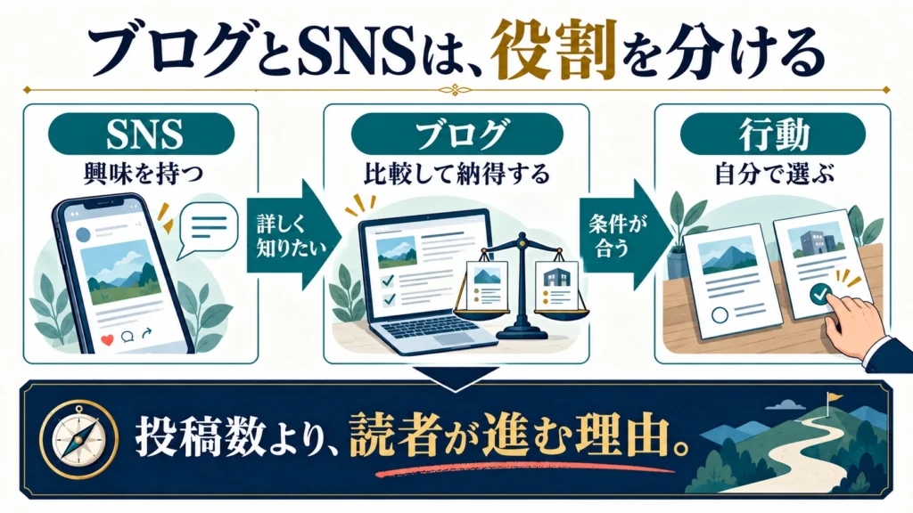 SNSで興味を持ち、ブログで比較と納得を深め、読者が商品やサービスを選ぶ役割分担