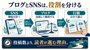 SNSで興味を持ち、ブログで比較と納得を深め、読者が商品やサービスを選ぶ役割分担