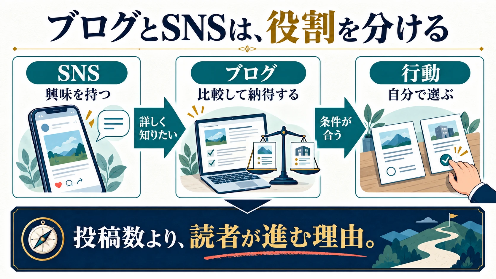 SNSで興味を持ち、ブログで比較と納得を深め、読者が商品やサービスを選ぶ役割分担