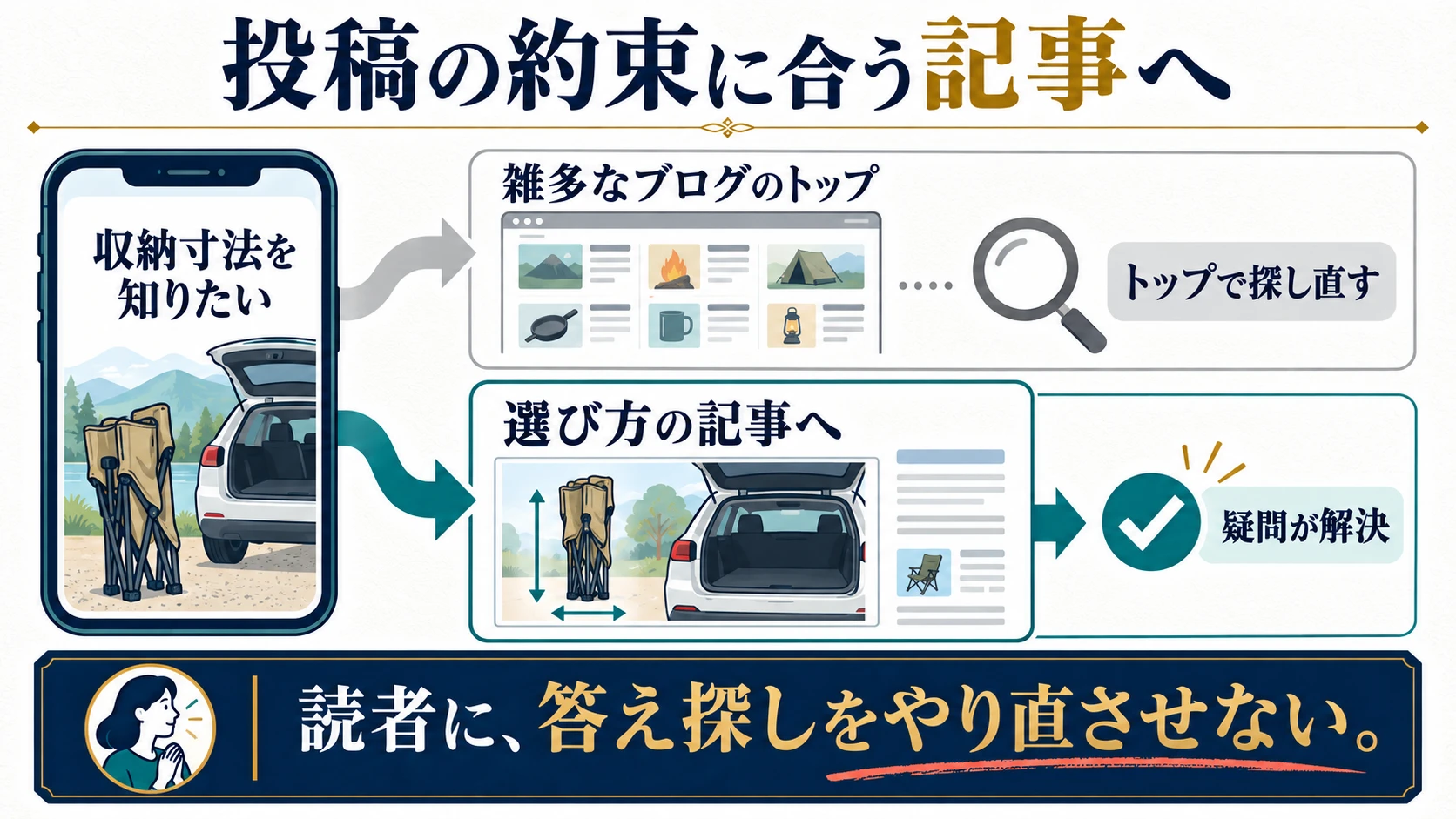 同じキャンプの投稿でも、トップページで探し直す導線と、収納寸法の記事へ直接進む導線では読者の負担が違う