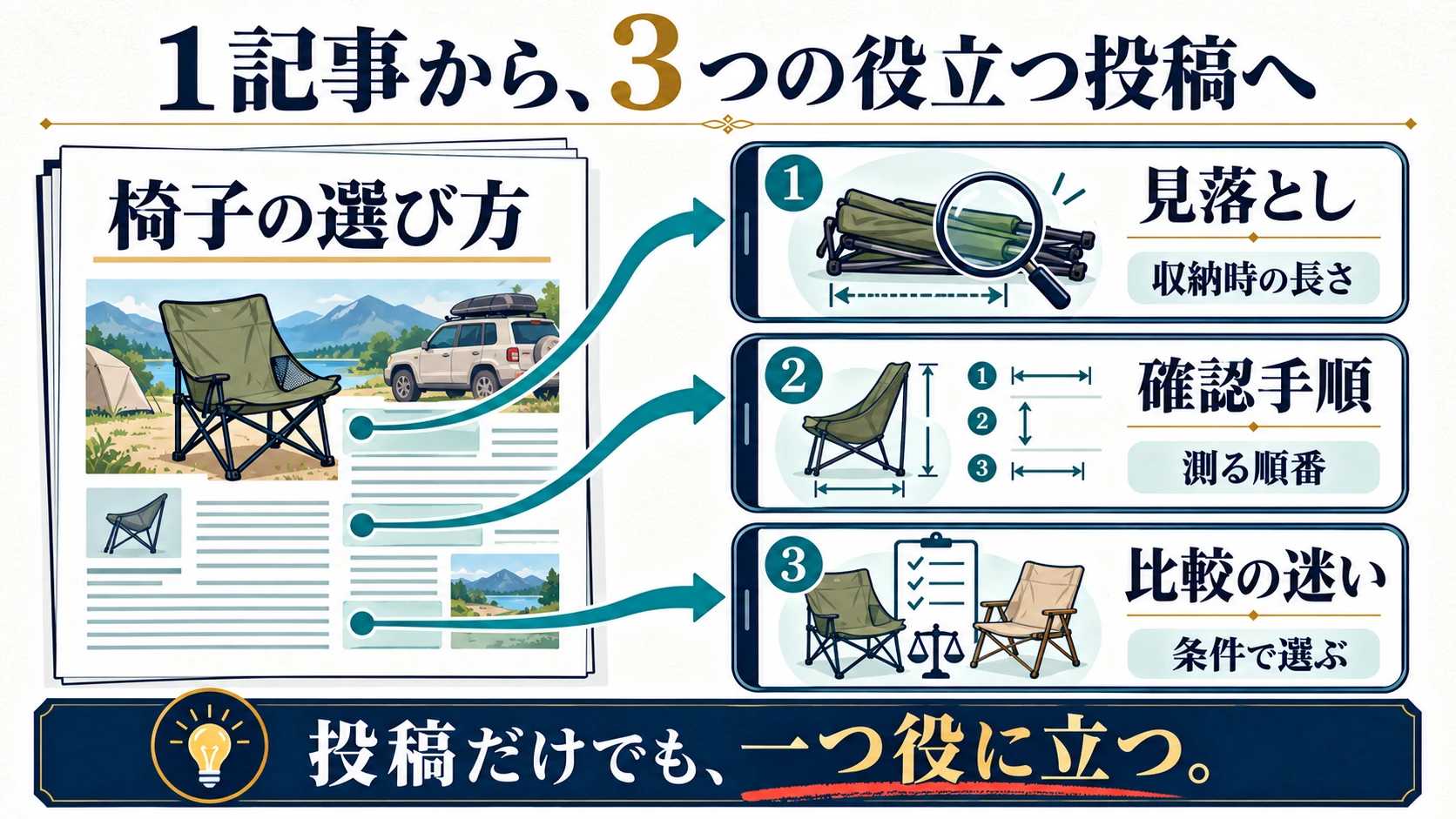一つの記事から、見落とし・確認手順・比較の迷いという異なる三つのSNS投稿を作る