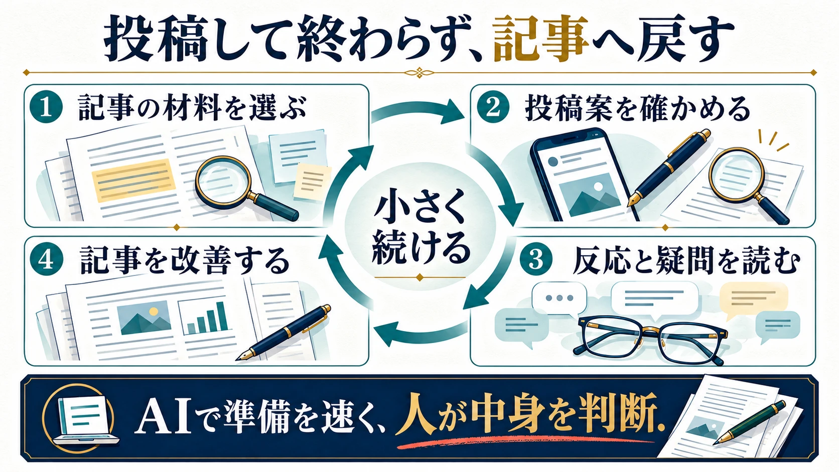 記事の材料から投稿を作り、反応を読み、記事の説明を改善して次の投稿へ戻す運用の循環