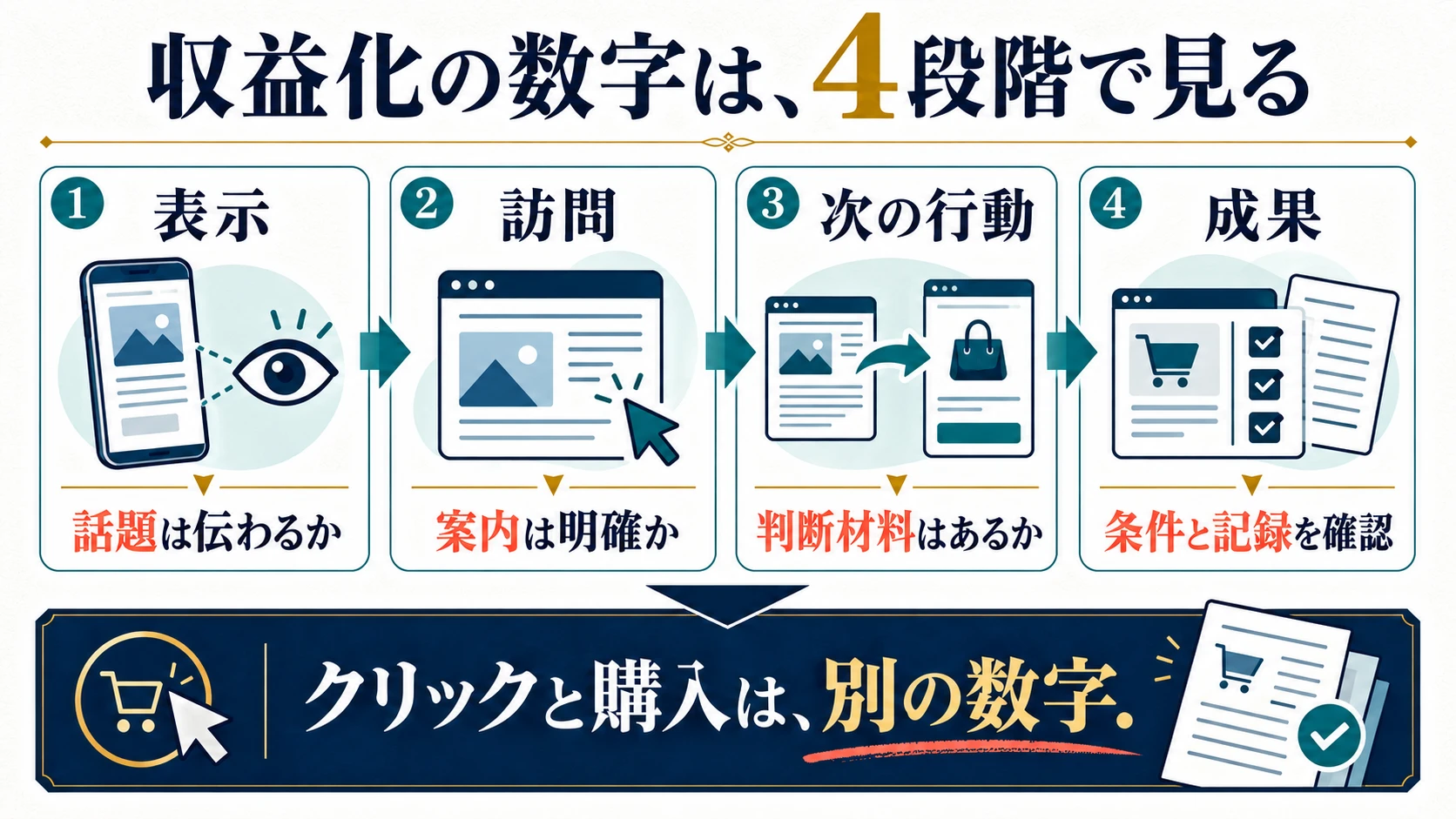 表示、訪問、次の行動、成果を分け、話題・案内・記事内容・条件と記録をそれぞれ確認する