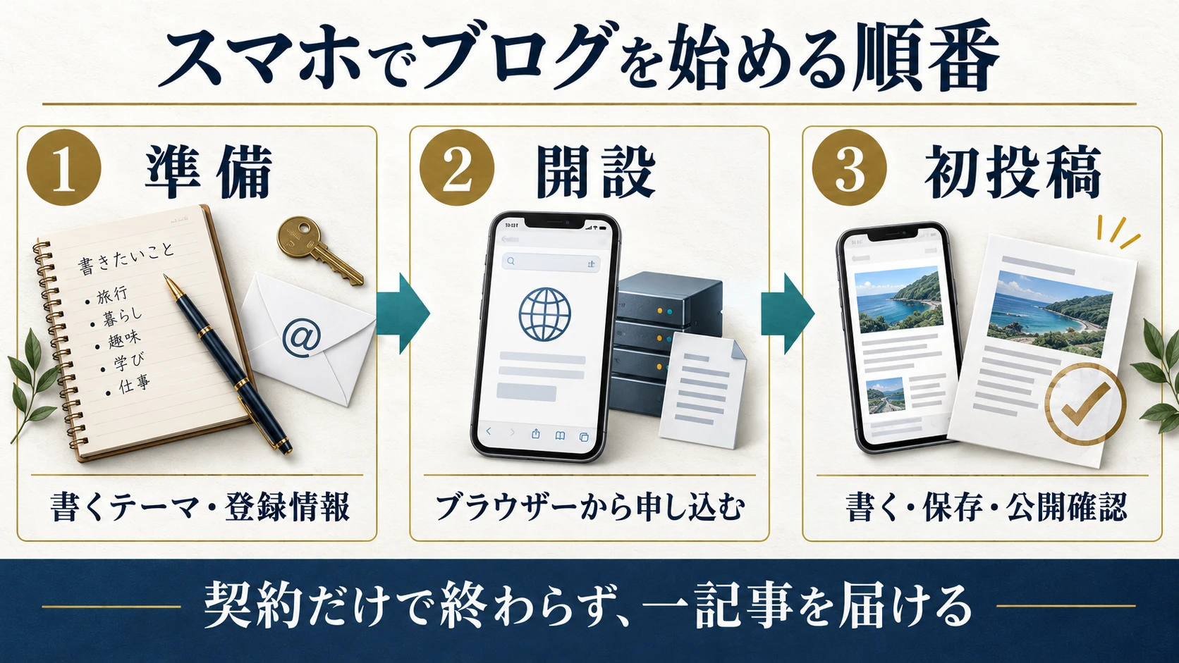 スマホでブログを始める順番は、テーマと登録情報の準備、ブラウザーからの開設、初投稿と公開確認