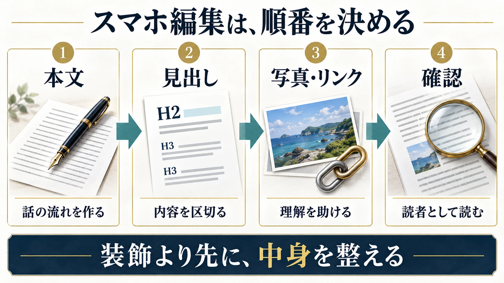 スマホ編集は本文、見出し、写真とリンク、読者としての確認の順番で進める
