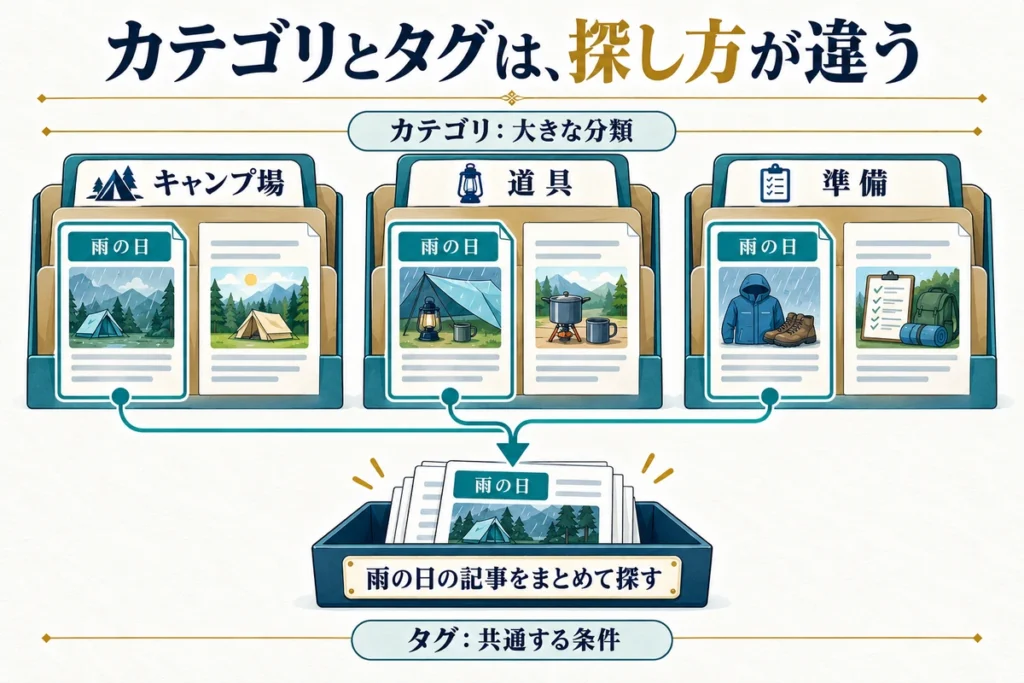 カテゴリとは違う切り口で関連記事を探せることが、タグの役割です。