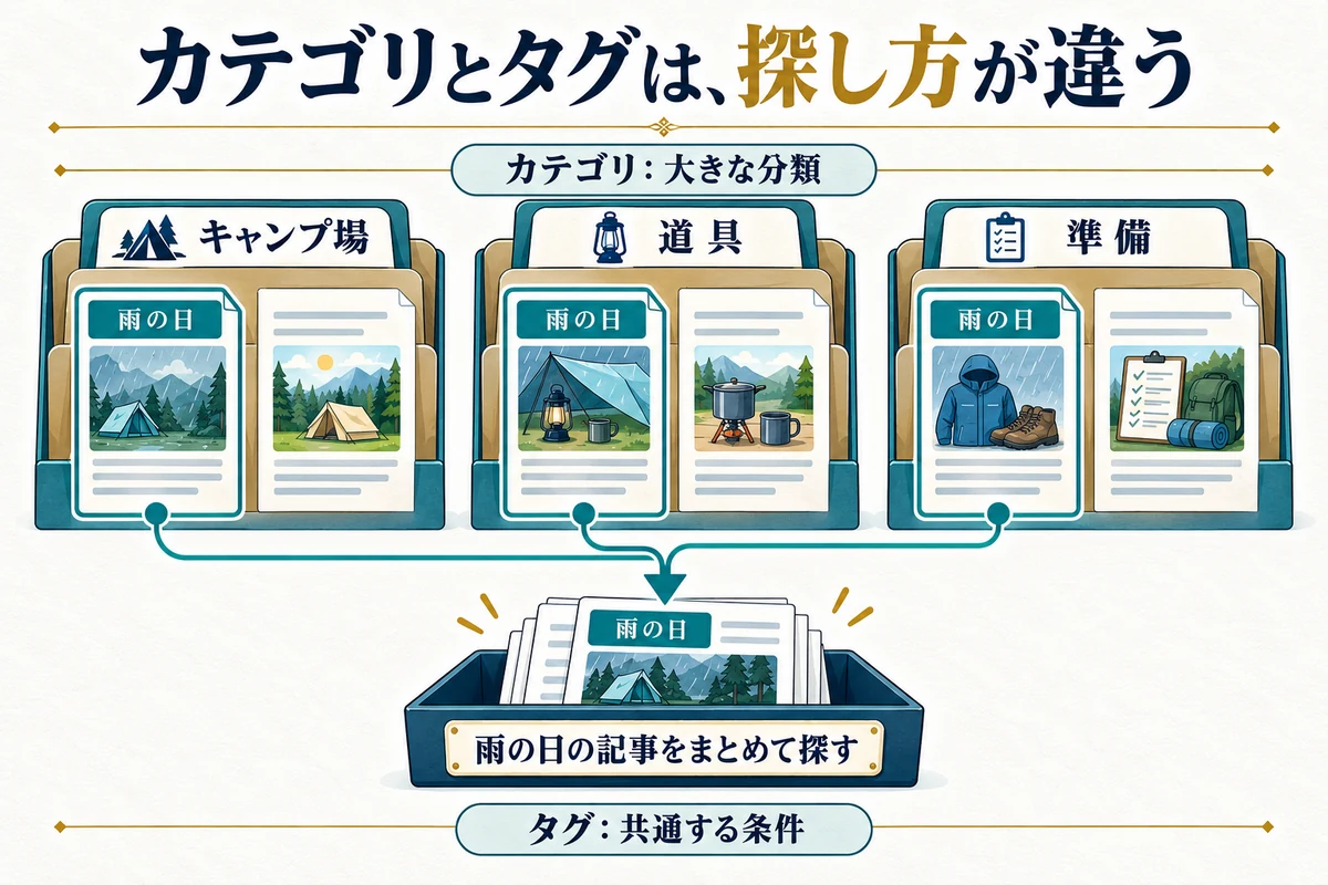 カテゴリとは違う切り口で関連記事を探せることが、タグの役割です。
