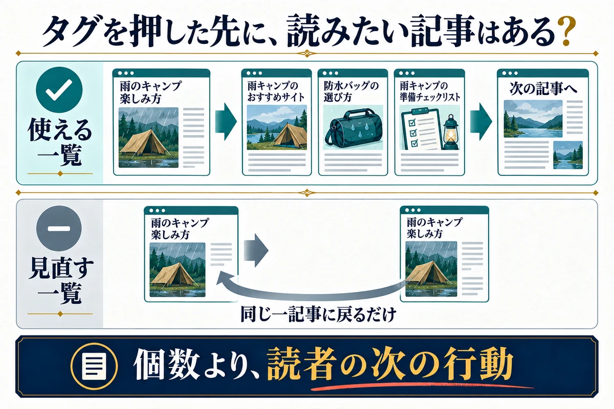 タグ数よりも、一覧から次の記事へ進めるかを確認します。
