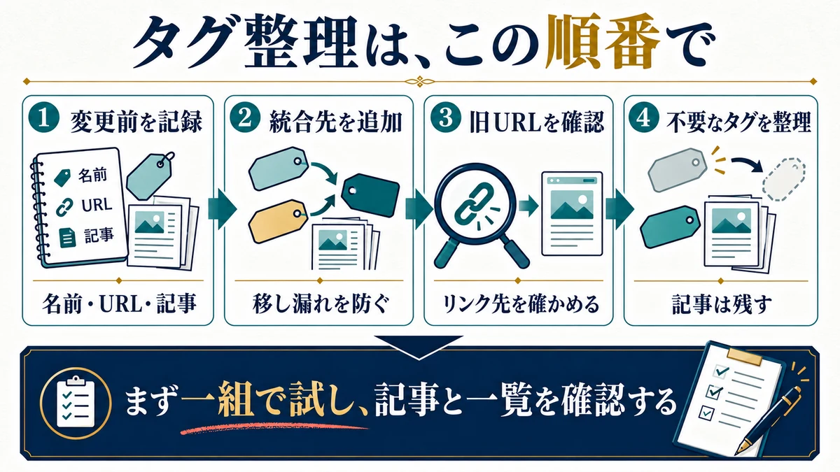 変更前を記録し、統合先と旧URLを確認してから整理します。