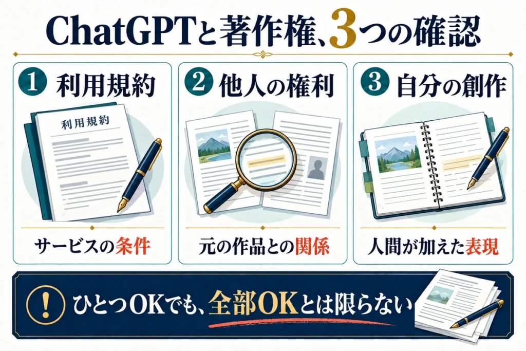 利用規約、他人の権利、自分の創作は別々に確認します。