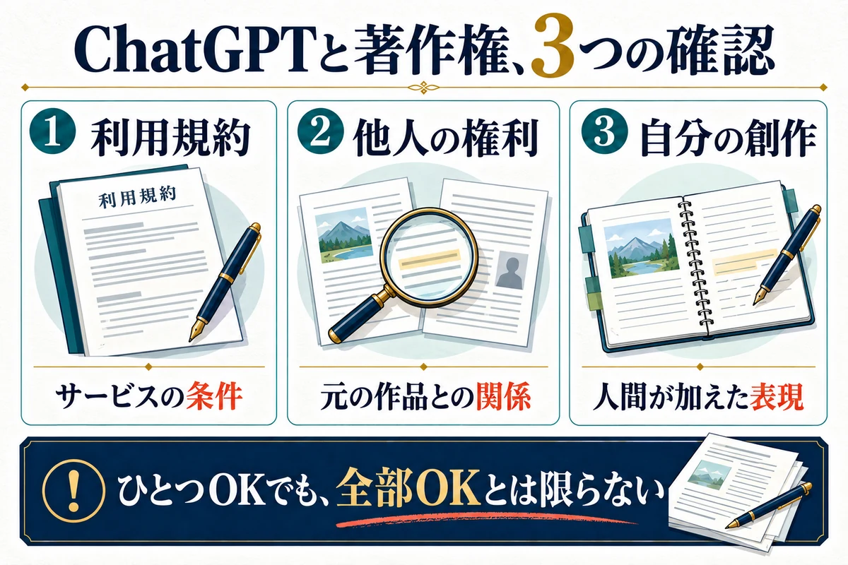 利用規約、他人の権利、自分の創作は別々に確認します。