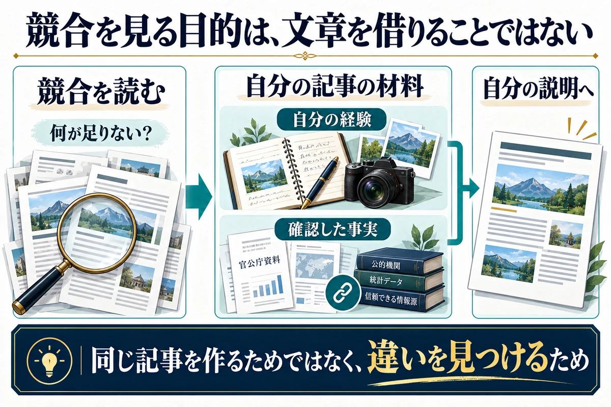 競合調査は不足する疑問を見つけ、自分の材料で記事を作るために行います。