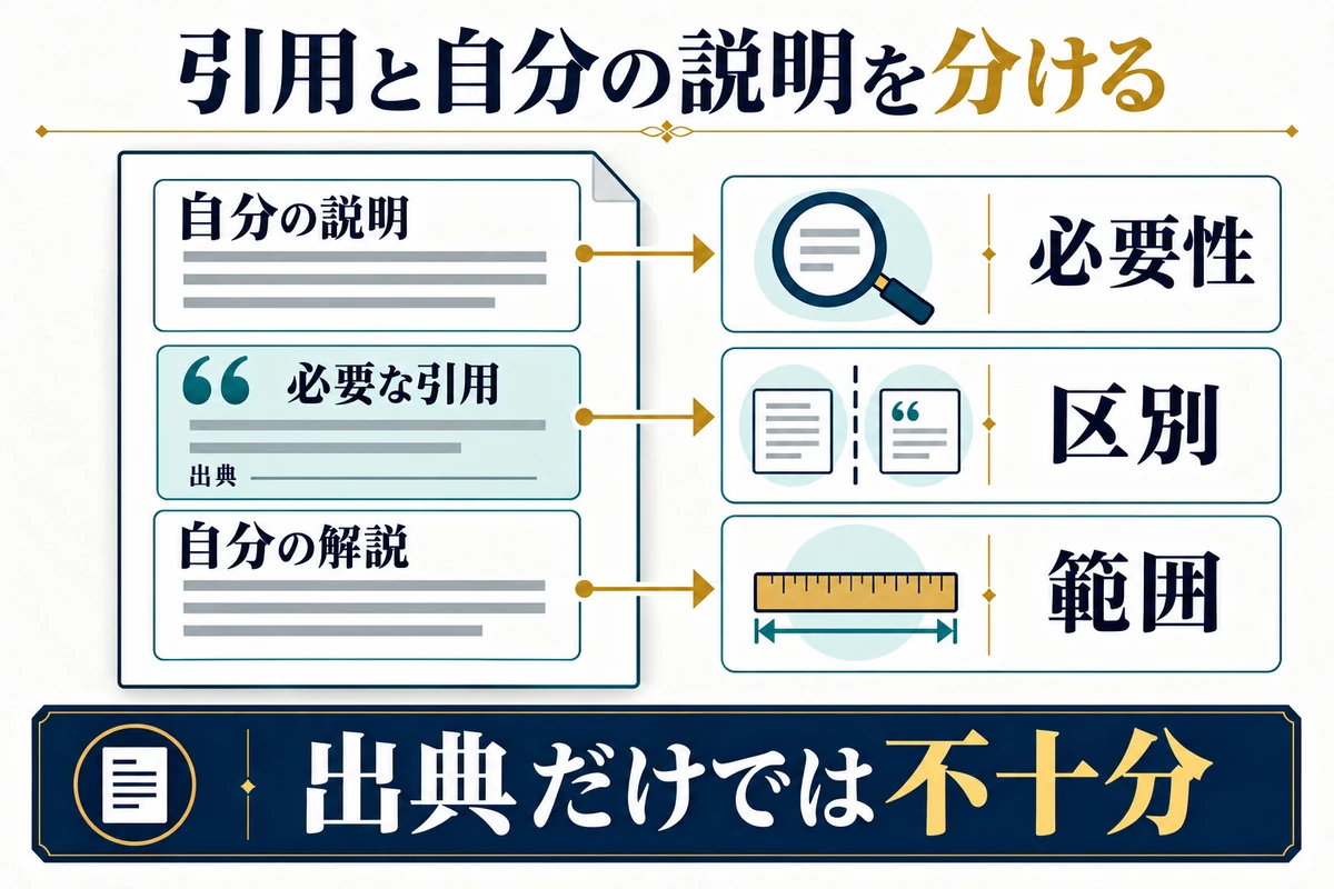 引用の必要性・区別・範囲を確認し、出所も明示します。図中の面積は法的な基準ではありません。
