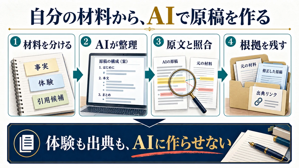 事実・体験・引用候補を分け、原稿を元の資料と照合して記録を残します。