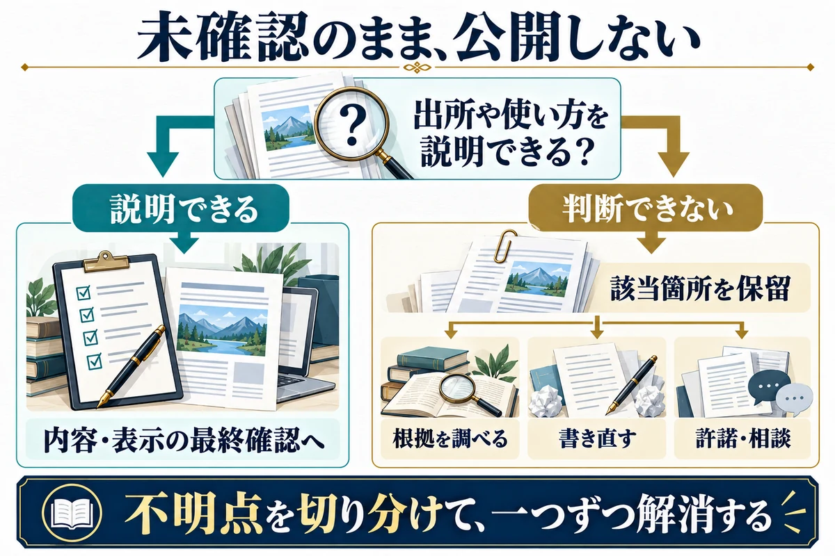 説明できない箇所を保留し、調査・書き直し・許諾や相談で確認を進めます。