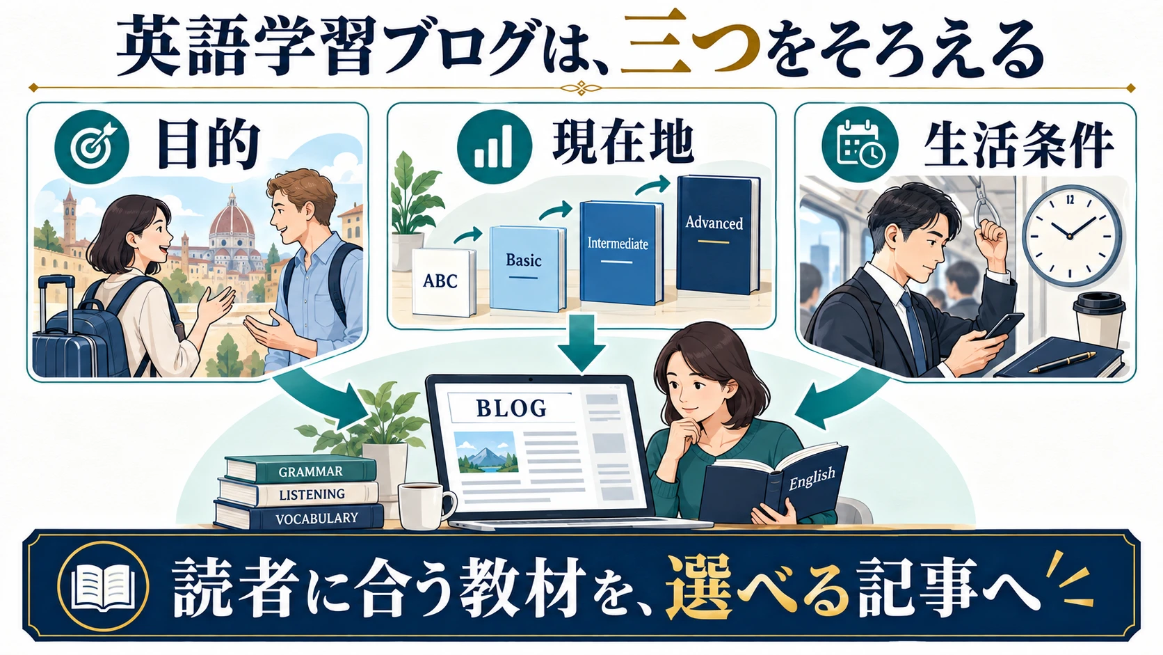 英語学習の目的、現在地、生活条件をそろえて読者に合う教材を選べる記事にする図