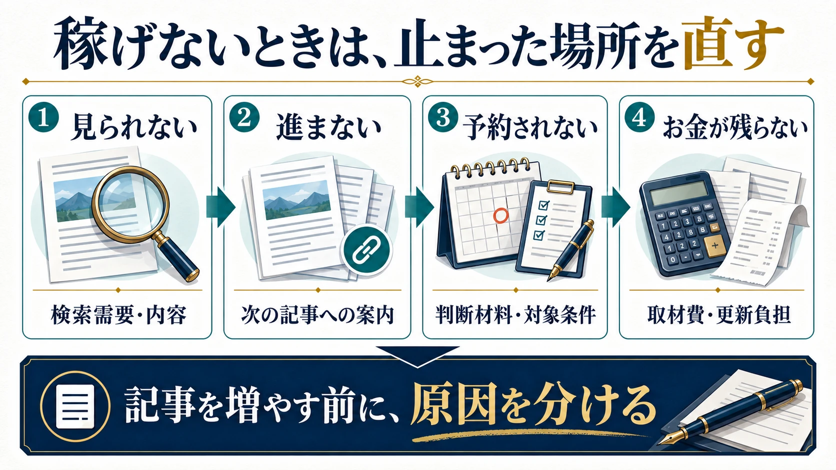 見られない、進まない、予約されない、お金が残らないの4段階で改善箇所を分ける図