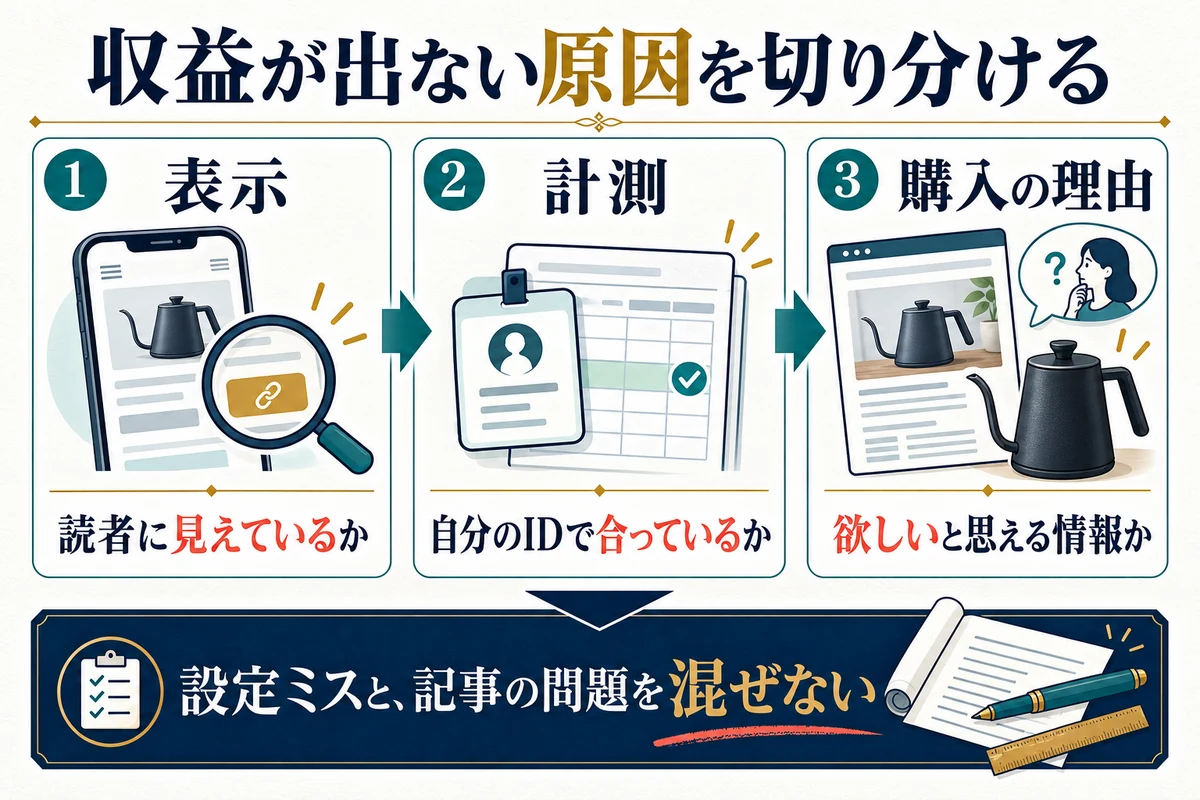 表示・計測・購入理由を順に見て、設定と内容の問題を切り分けます。