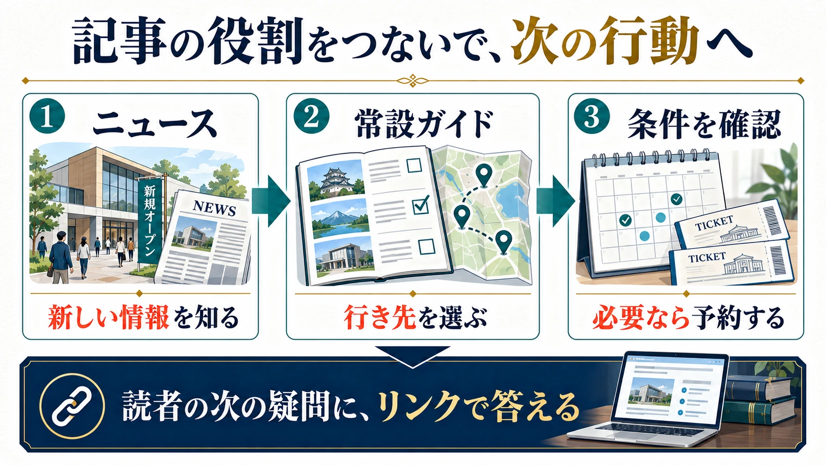 ニュースで知り、常設ガイドで行き先を選び、条件を確認して必要なら予約する記事導線