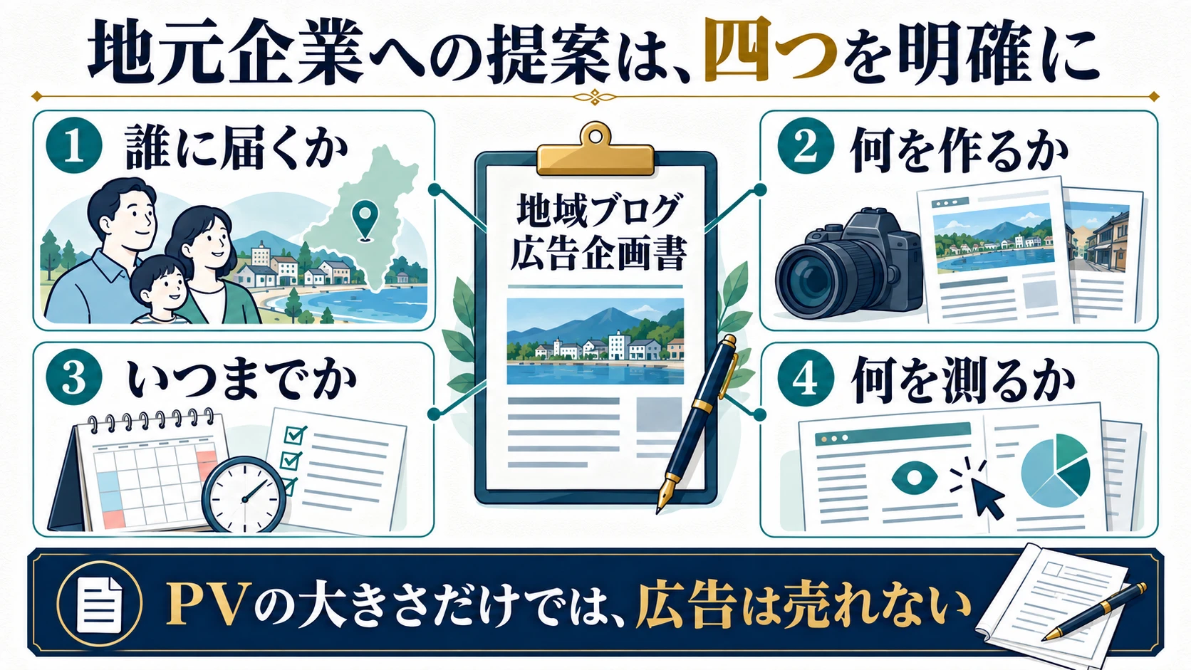 地域ブログの広告提案で明確にする読者、制作内容、期間、測定項目の四つ