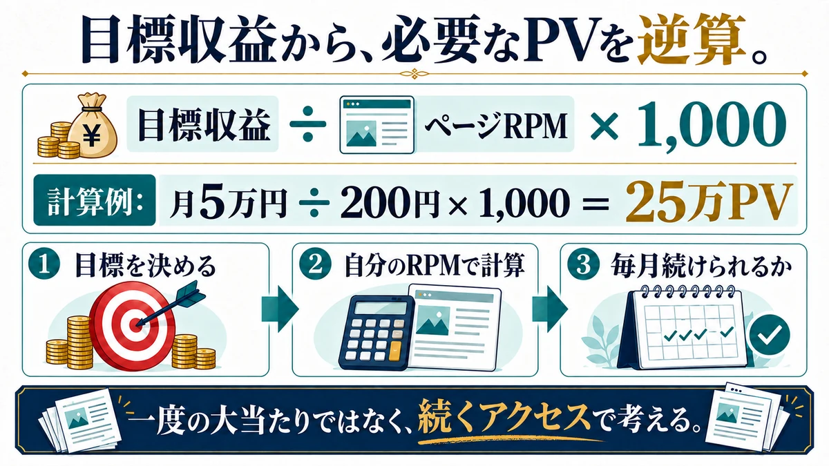 仮にページRPMが200円なら、月5万円に必要なアクセスは25万PVになる計算例