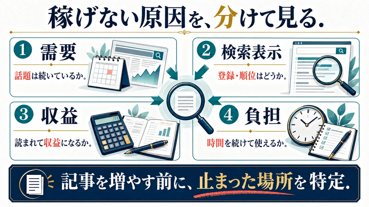 需要、検索表示、収益、作業負担の四つを分けて、トレンドブログの問題を診断する