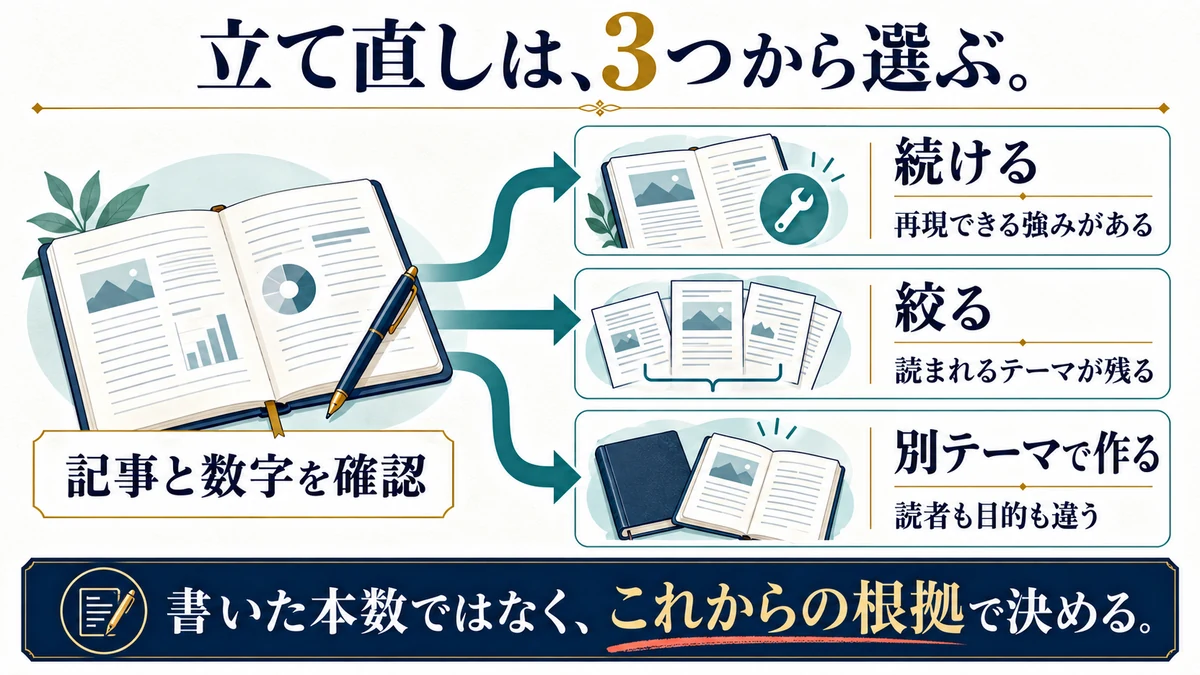トレンドブログの継続、テーマの絞り込み、別テーマのブログ制作を選ぶ三つの判断